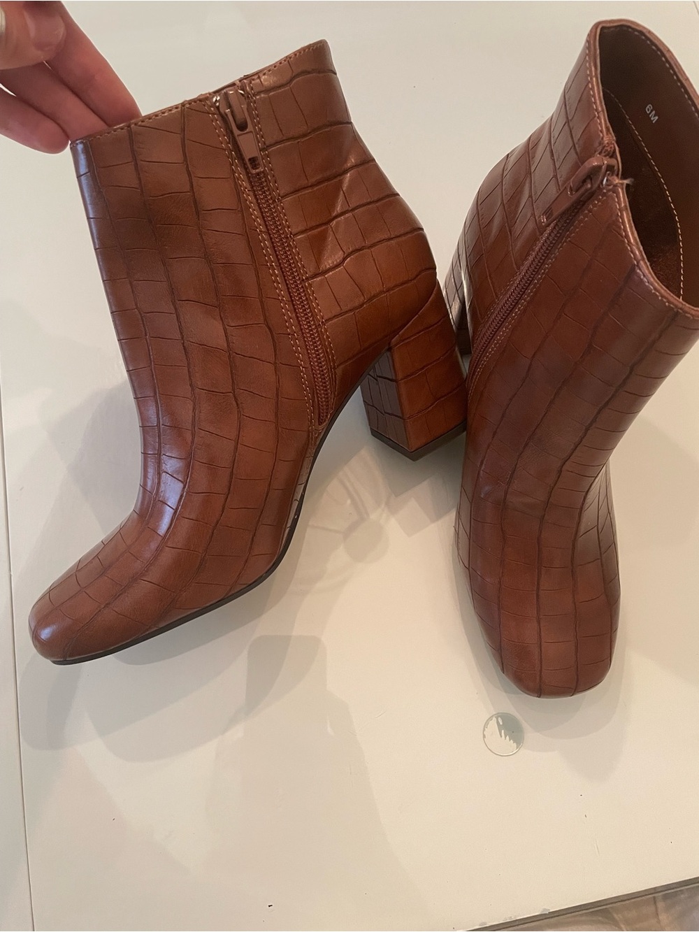 Bella Vita Croc-Embossed Tan Block Heel Ankle Boots
